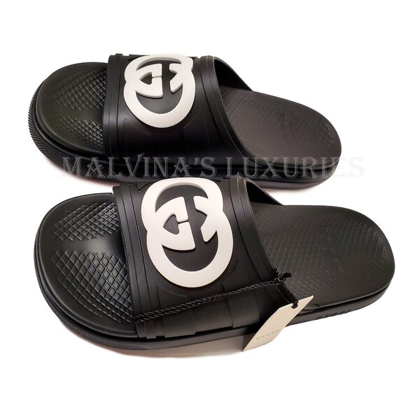 GUCCI SHOES MEN WHITE INTERLOCKING G LOGO BLACK RUBBER SLIDES sz 9 / 9.5 - Picture 6 of 15